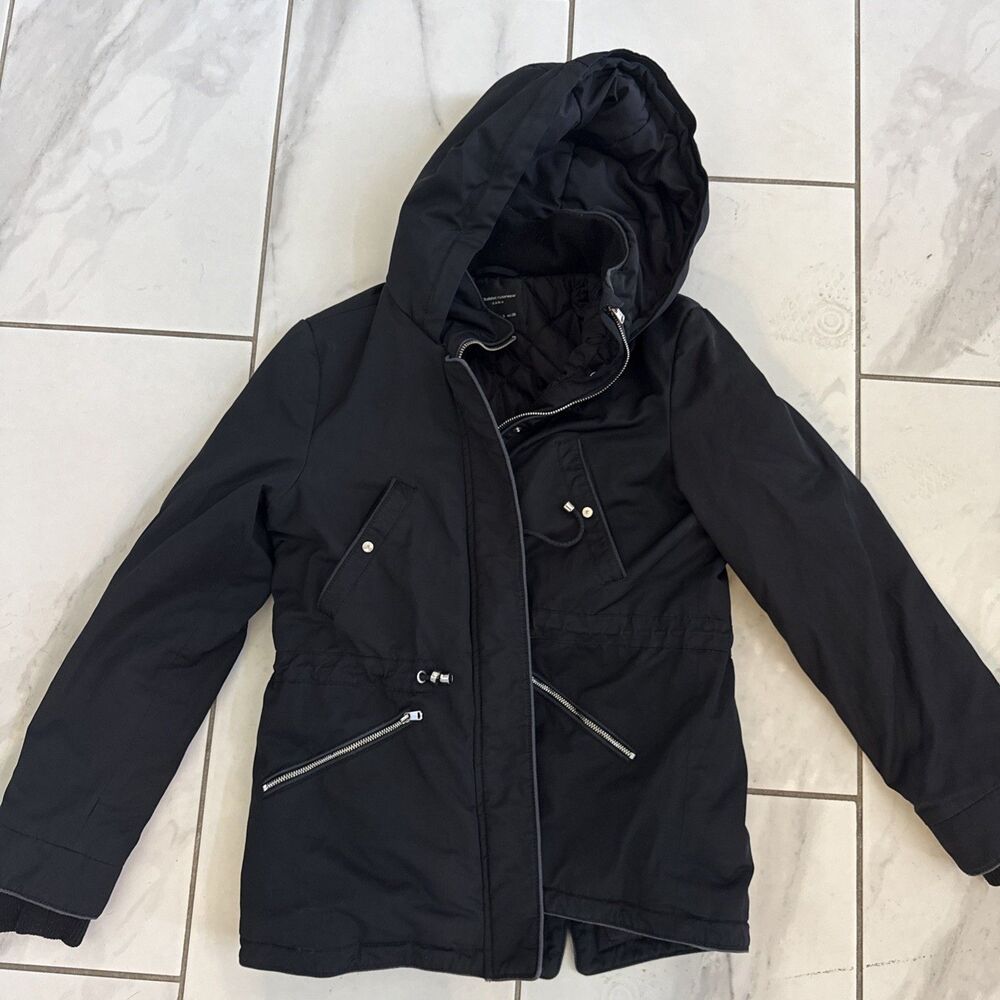 Zara Trafaluc Women’s S Black Hooded Parka Jacket Quilted Lined Zip Utility - Picture 4 of 7